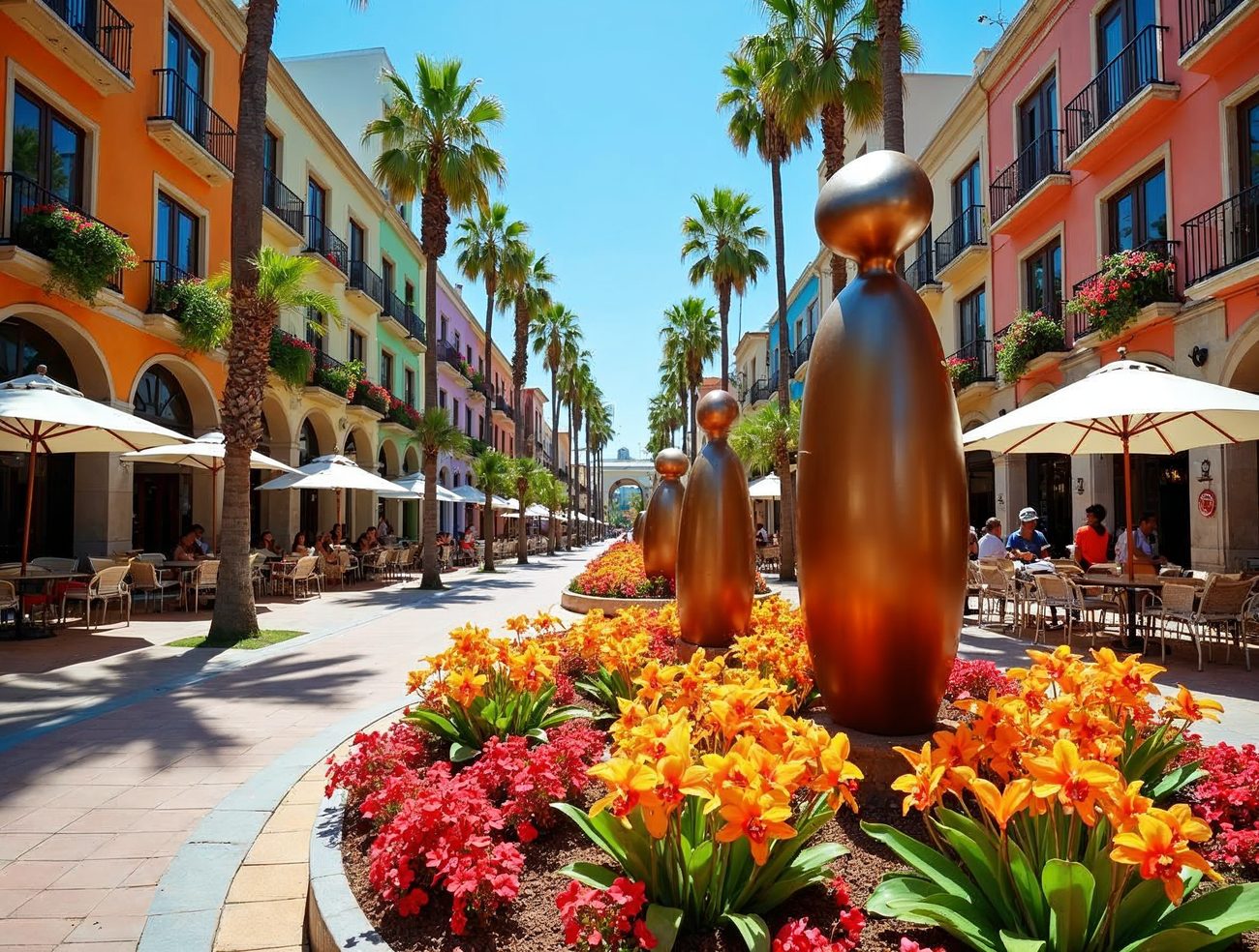 A sunny Medellin plaza with pink, orange and green buildings, tall palm trees, cafe tables under white umbrellas, flower beds and smooth bronze-colored sculptures along a paved walkway.