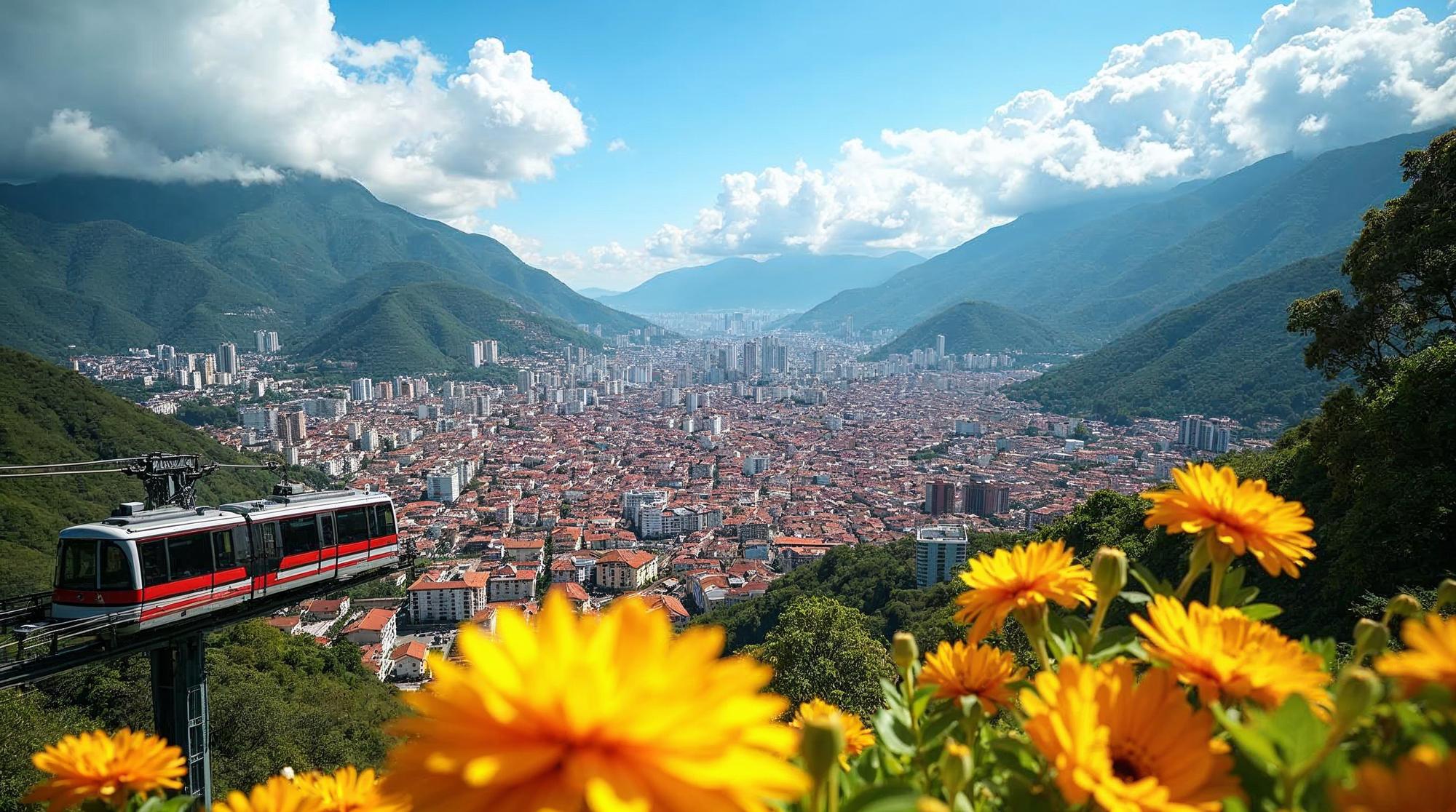 A bright view over the Medellin valley with red-roofed buildings, green mountains and white clouds, a metro cable car on its line at left and yellow flowers in the foreground.