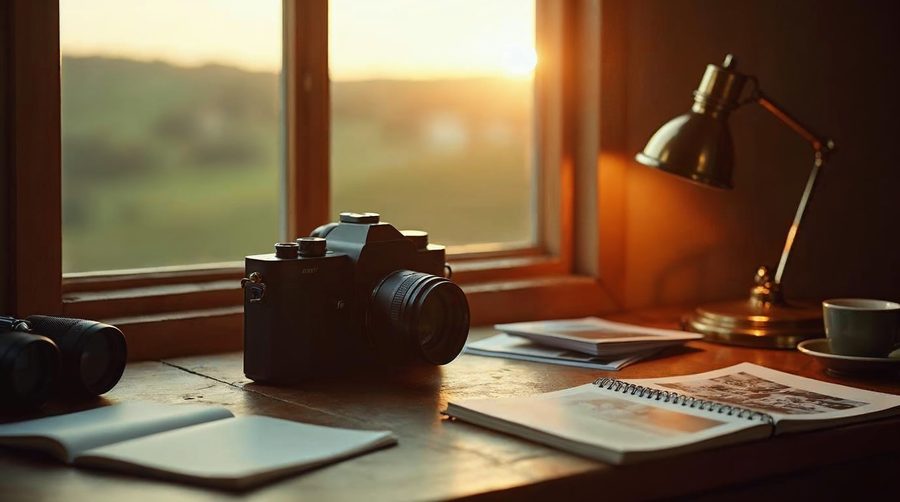 A warm sunlit desk beside a window with green hills, holding a black camera with a long lens, a notebook, printed photographs, a brass lamp and a cup of coffee.