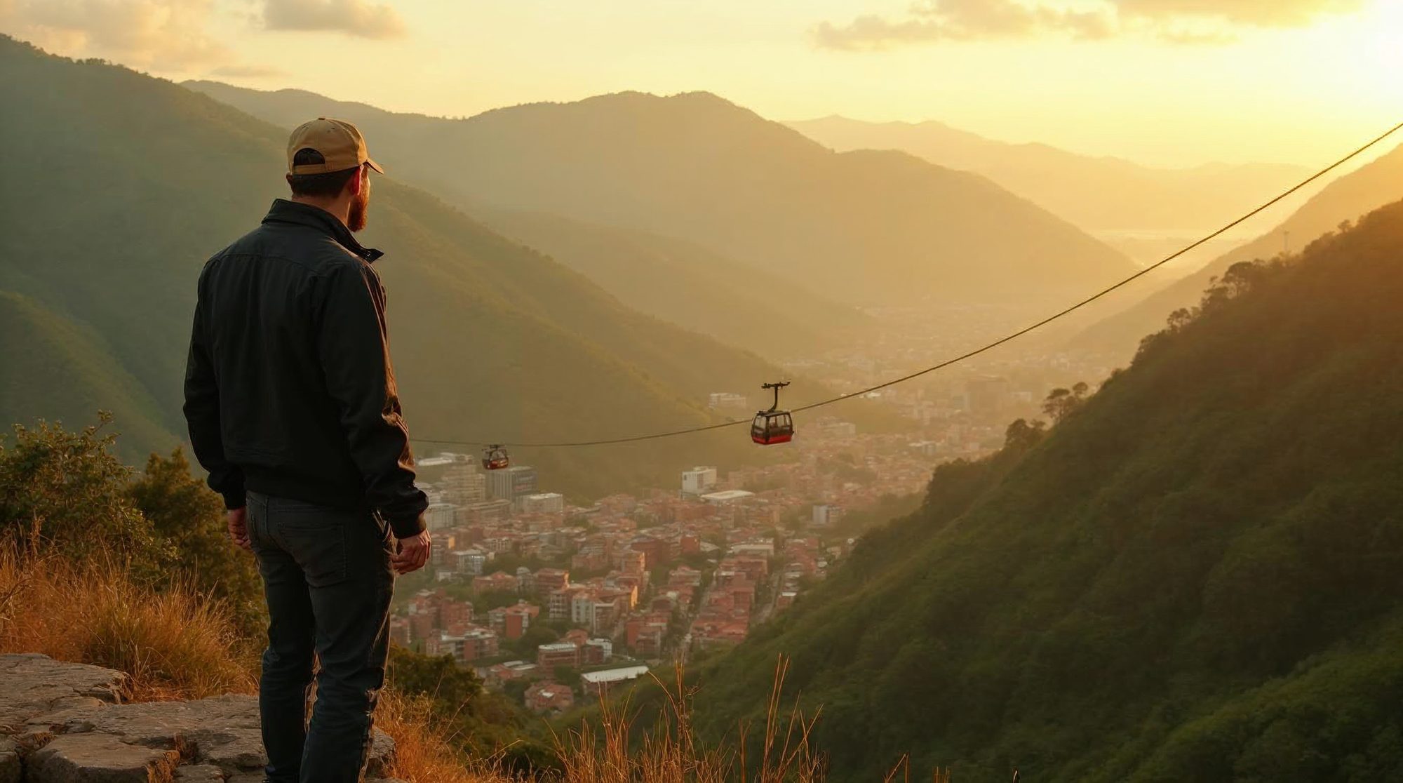 An investigator in a tan cap and dark jacket stands on a stone hillside overlook at sunset, looking over the Medellin valley, green mountains and a cable car.