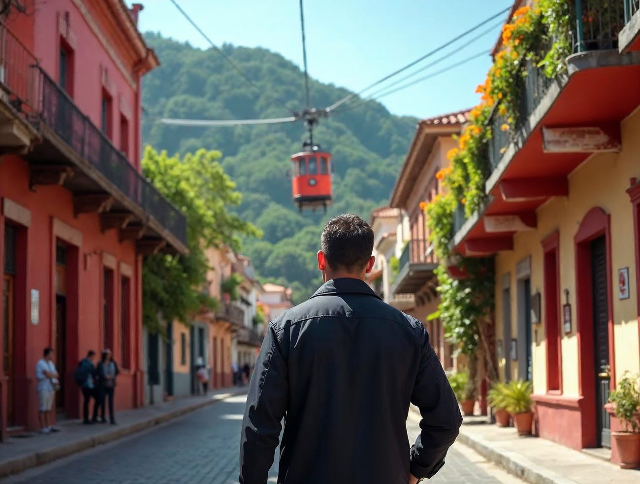 A private investigator in a dark jacket, seen from behind, walks a cobbled Medellin street lined with red and yellow houses and flower balconies, with a red cable car overhead.