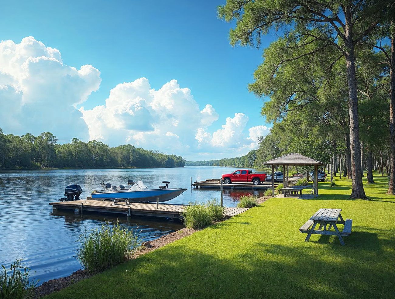 A sunny river landing with a wooden dock, a blue fishing boat, a red pickup truck, a picnic pavilion and tall pines under big white clouds.