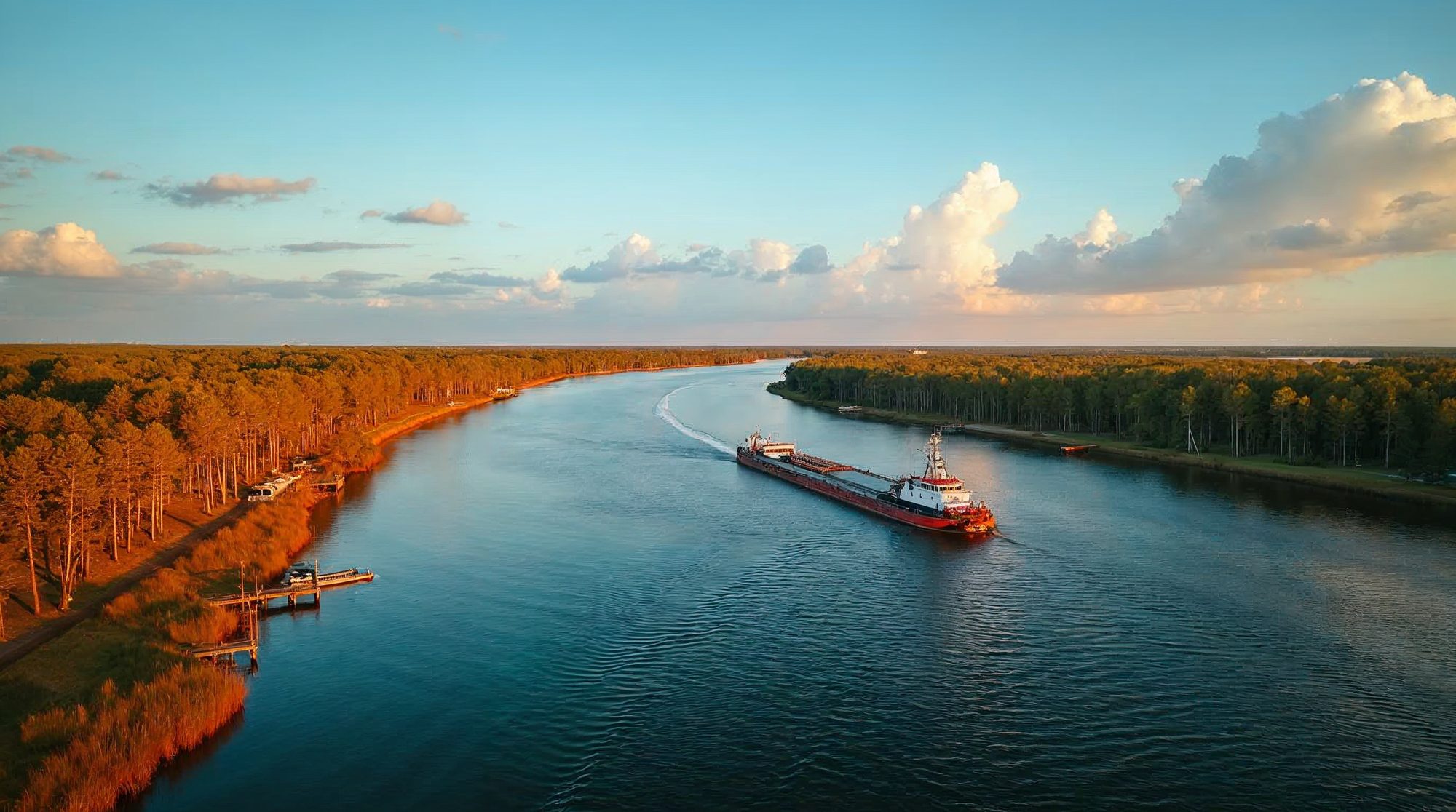 A broad blue river at golden hour with a tugboat pushing a barge past pine and cypress forest, a small wooden dock and glowing orange riverbank grass.
