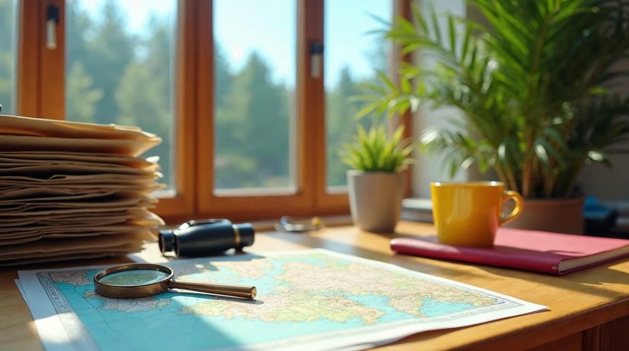 A sunny investigator's desk with a stack of case folders, a magnifying glass on a colorful river map, binoculars, a yellow mug and a red notebook by a window.