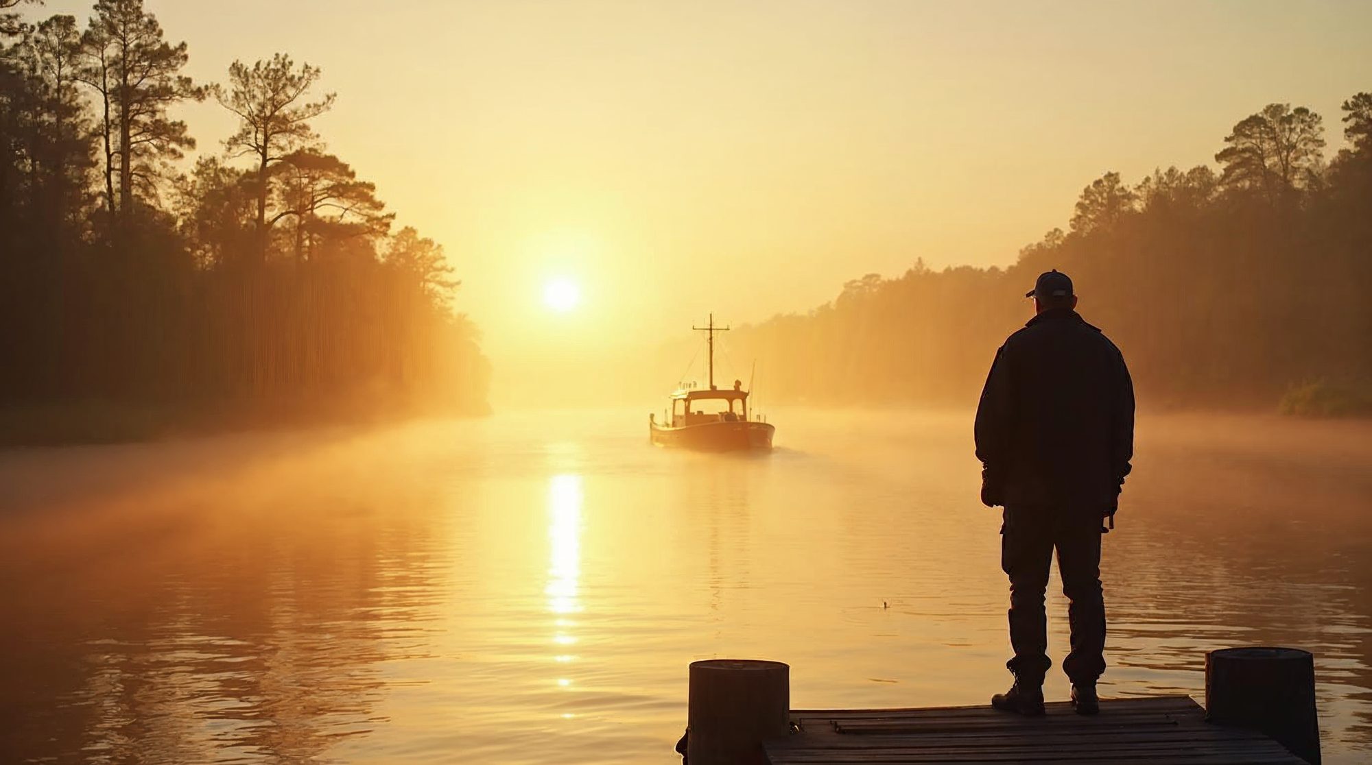 An investigator in a dark jacket and cap stands on a wooden river dock at sunrise, looking over misty water toward a small boat and pine-lined banks.