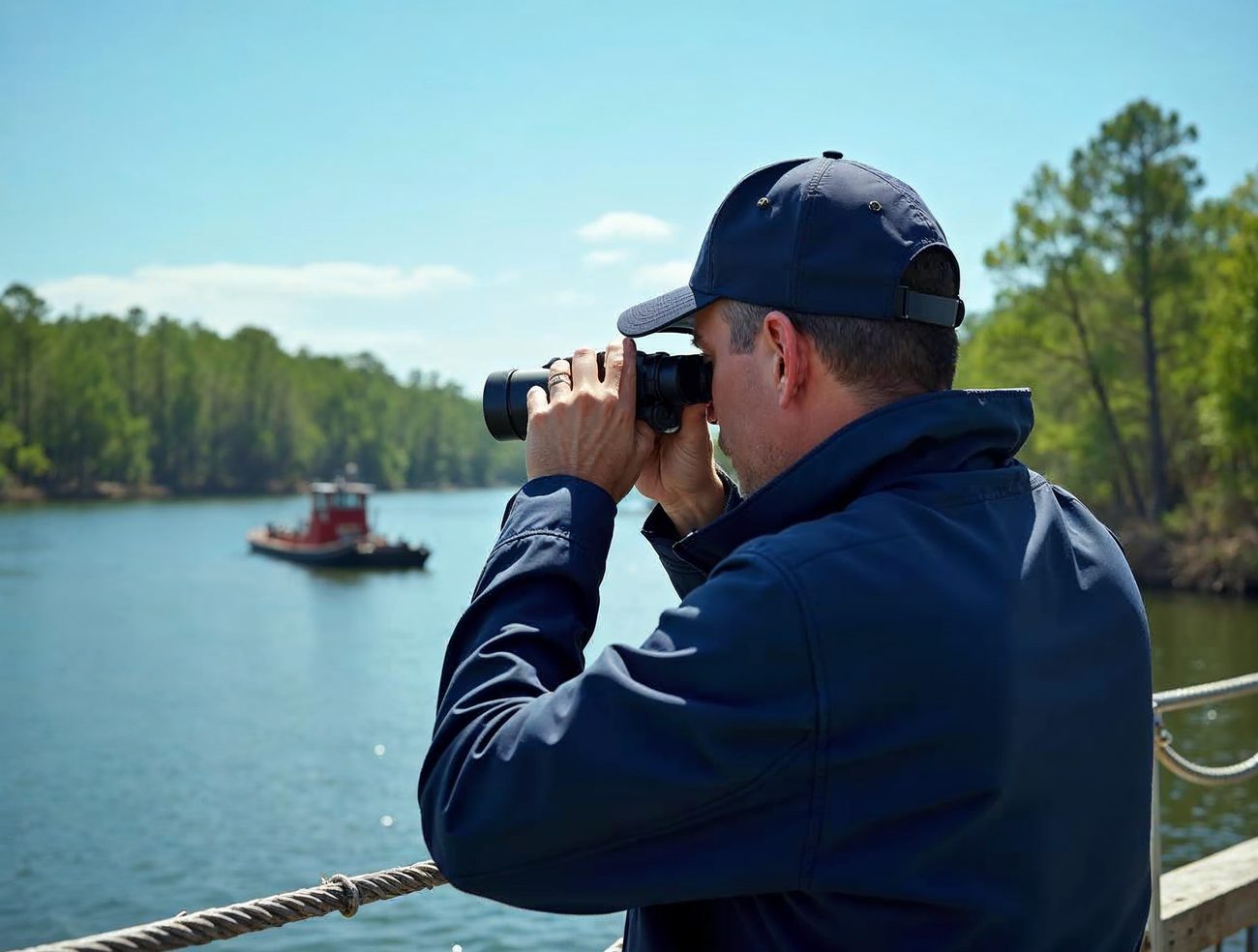 A private investigator in a navy jacket and cap watches a river through binoculars from a wooden dock, with a red tugboat and green pine forest across the water.