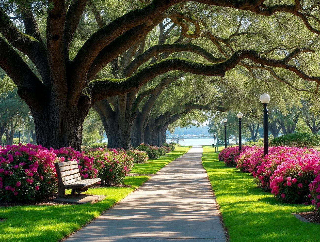 A sunlit walking path runs beneath ancient live oaks lined with bright pink azaleas, with a bench and a glimpse of Biloxi Bay ahead.