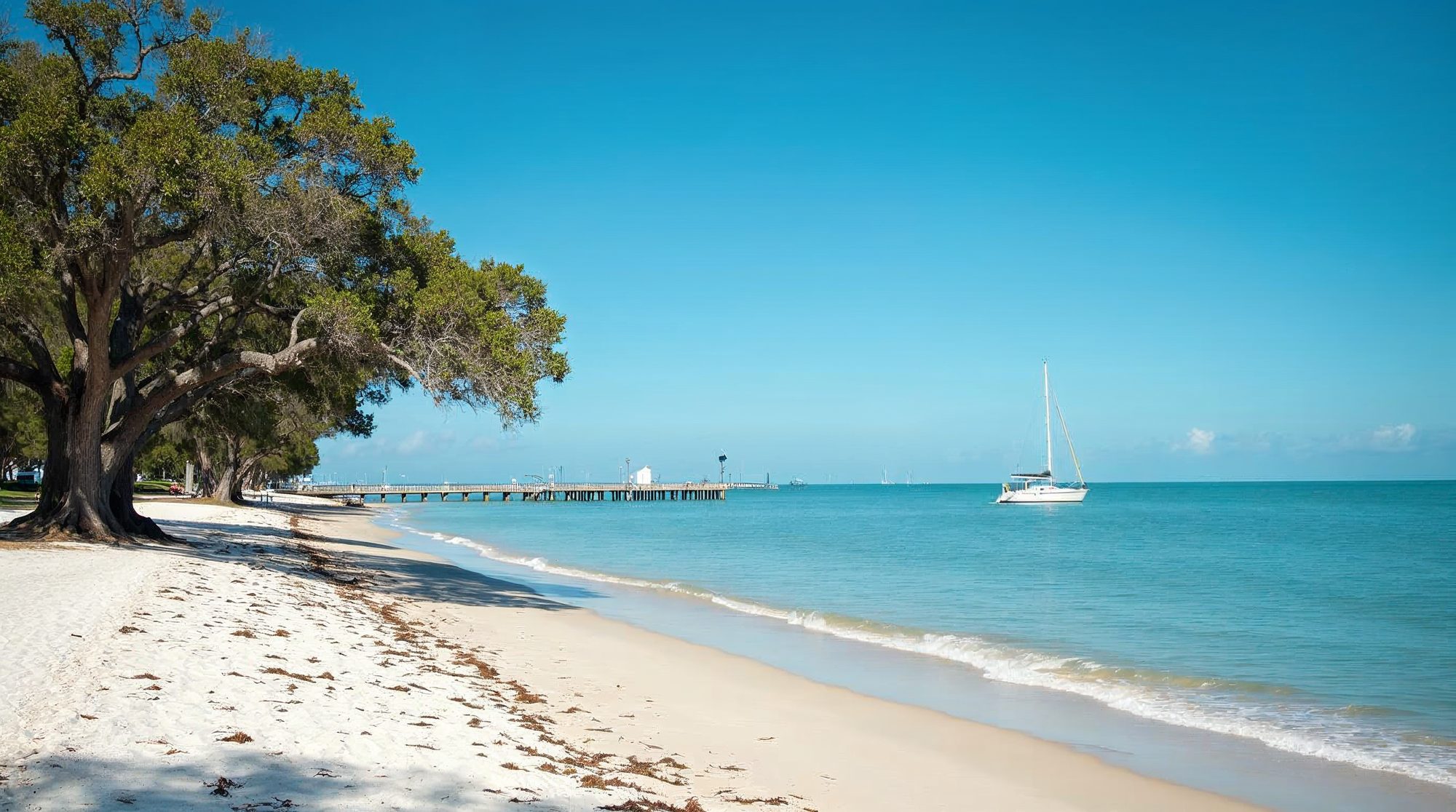 A white sand beach on Biloxi Bay in Ocean Springs with a shady live oak, a long wooden pier and a sailboat on turquoise water.