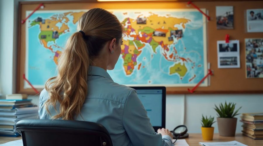 A private investigator, seen from behind, studies a corkboard of maps and photos at a desk with a laptop and a magnifying glass.