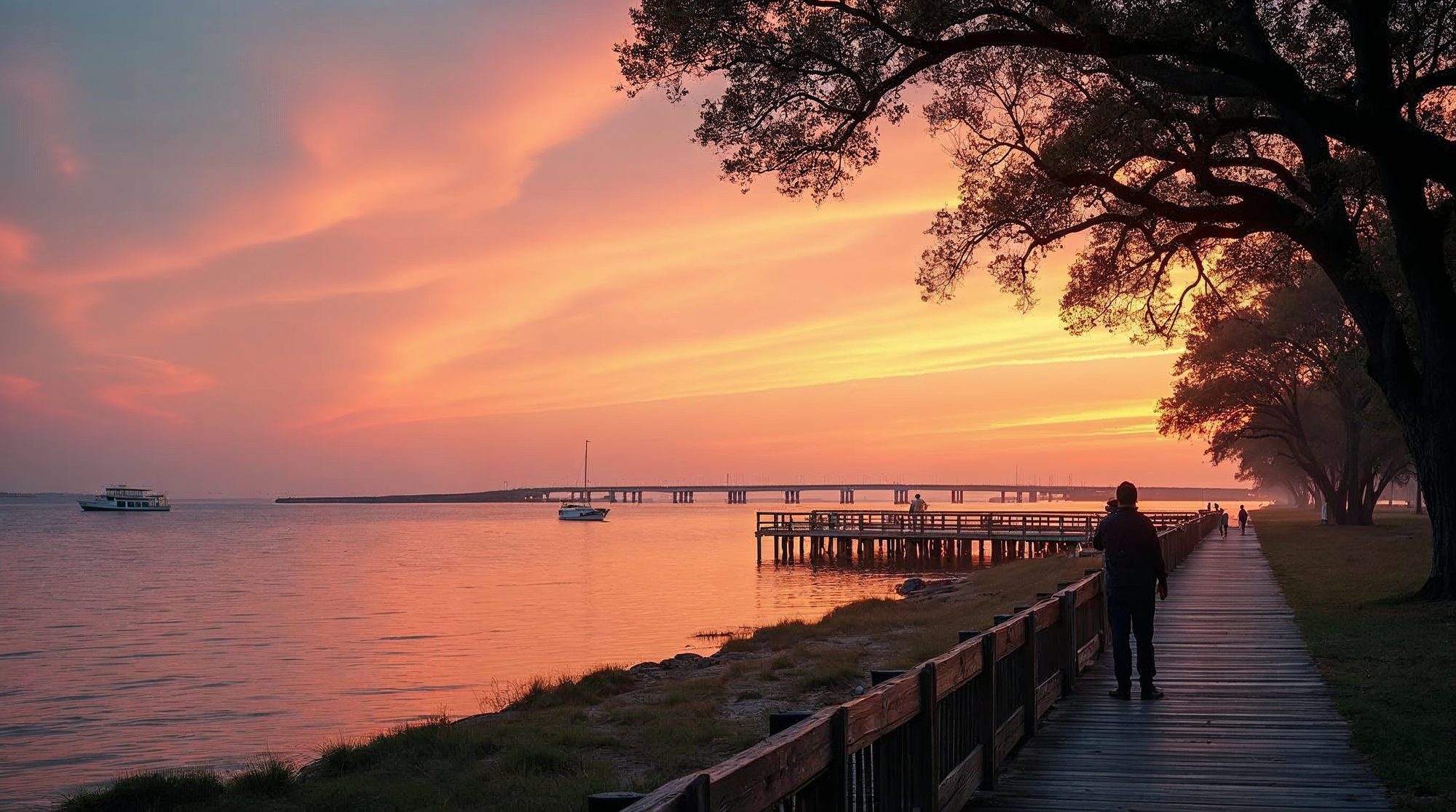 An investigator walks a wooden bayfront boardwalk at sunset under a live oak, looking toward a pier and the Biloxi Bay bridge across pink water.