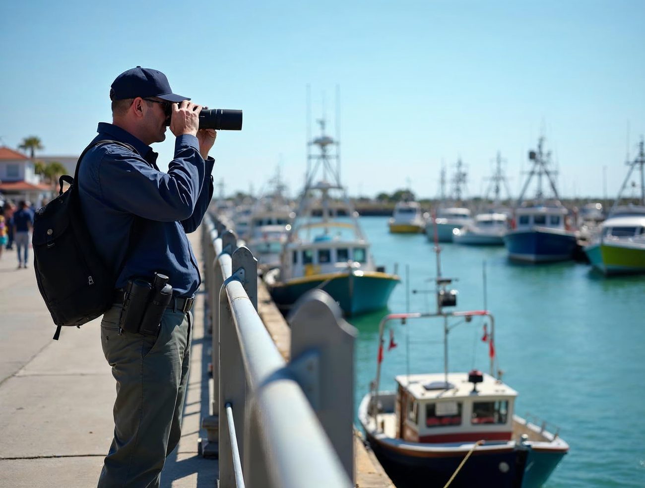 An investigator in a navy cap watches fishing boats through a camera lens from a sunny harbor boardwalk.