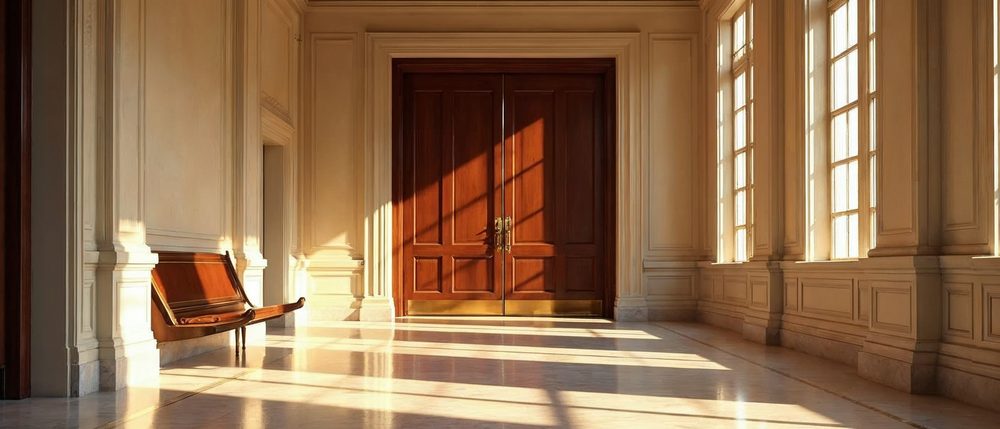 A wooden judge's gavel rests beside its round sound block on a polished bench in a warm, softly blurred wood-paneled courtroom with two plain flags.