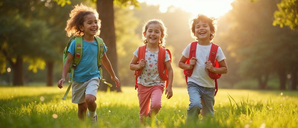Three happy children with colorful backpacks run laughing across a sunny green park lawn in warm golden light, with soft green trees behind them.