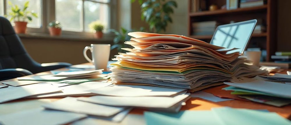 A messy sunlit office desk covered with scattered papers, colorful folders and a leaning stack of files, with a white coffee mug and an open laptop.