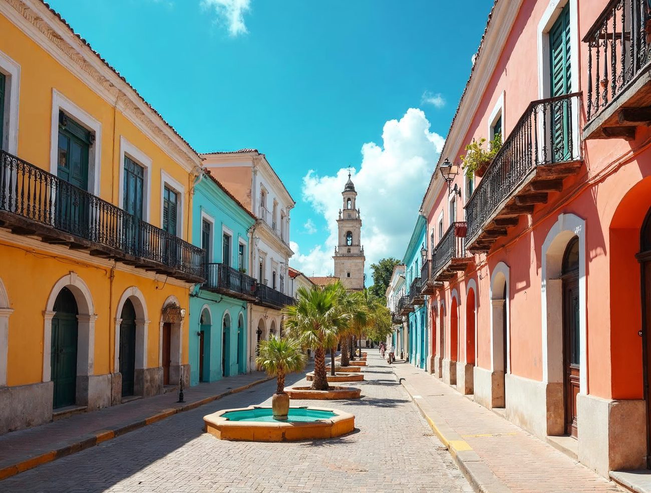 A sunny cobblestone street in an old colonial town with yellow, turquoise and coral buildings, black iron balconies, a palm-shaded fountain and a church tower.