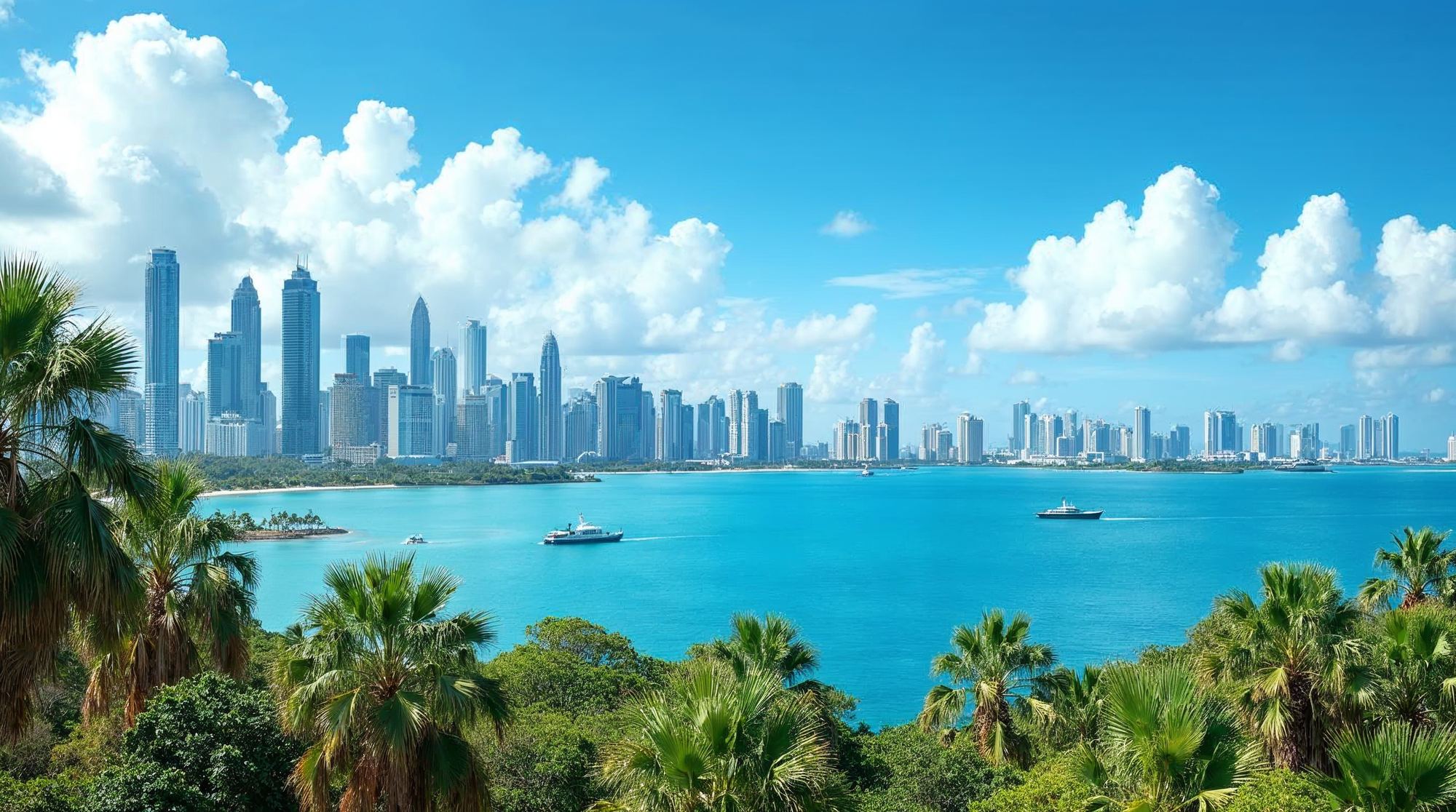 The modern glass skyline of Panama City across a bright turquoise bay, with green palm trees in the foreground, boats on the water and white clouds in a blue sky.