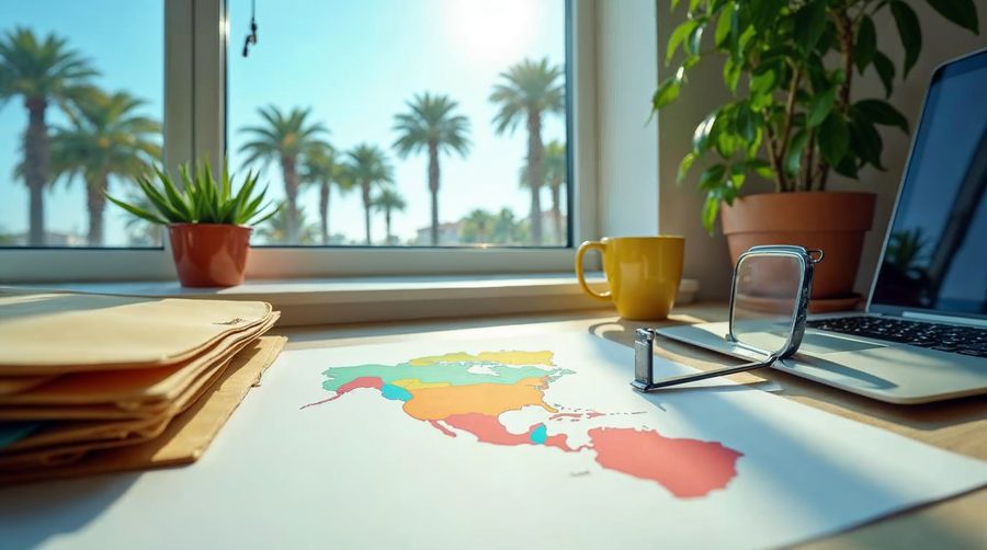 A sunny investigator's desk with a colorful unlabeled map, a magnifying glass, an open laptop, stacked case folders and a yellow mug, with palm trees outside the window.