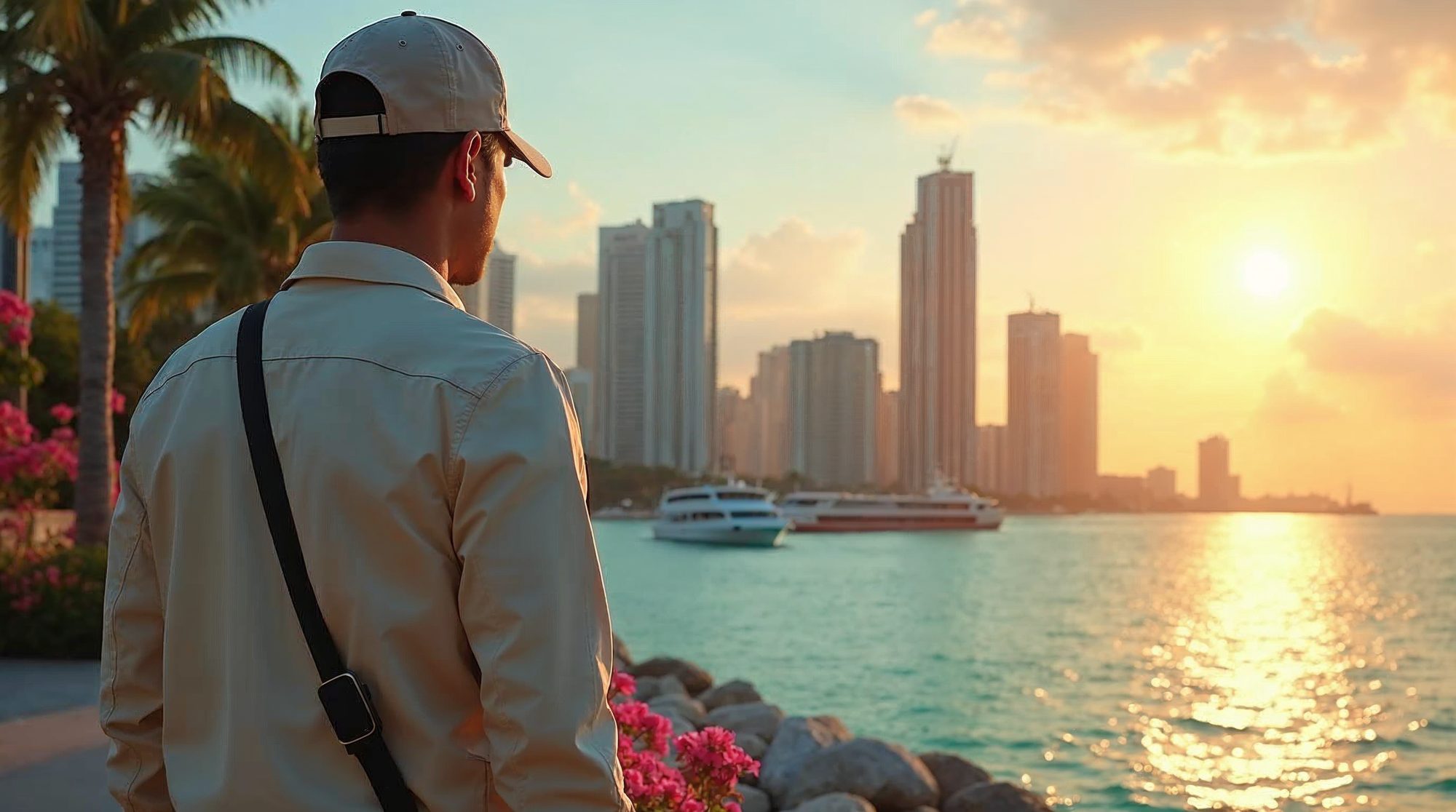 An investigator in a light jacket and cap, seen from behind, stands on a palm-lined waterfront promenade at golden hour, looking toward ships and a glowing skyline.