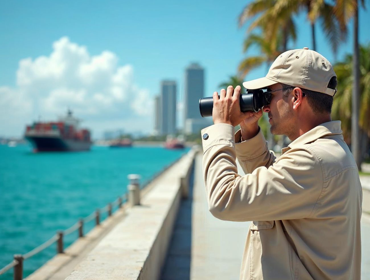 A private investigator in a beige jacket and cap holds binoculars on a sunny bay-front walkway, with a cargo ship on turquoise water and palm trees nearby.