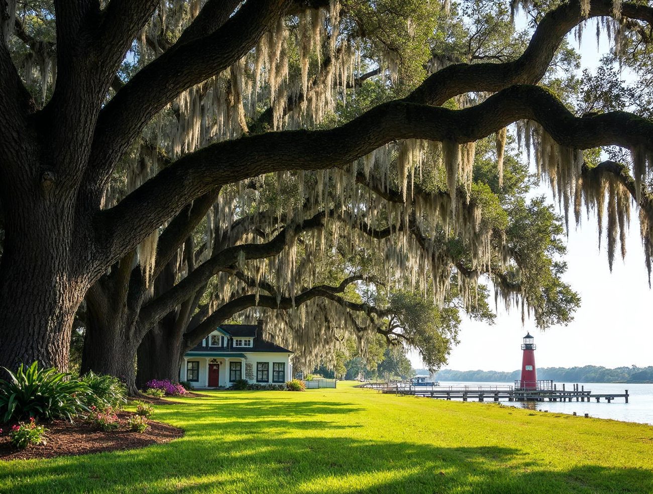 Huge moss-draped live oaks shade a green lawn beside the Pascagoula River, with a white cottage and a small red lighthouse on a pier.