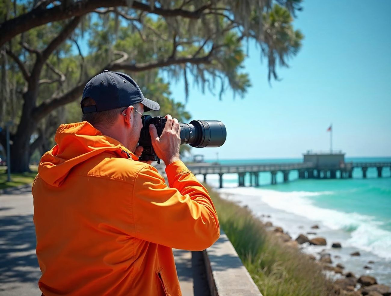 An investigator in an orange jacket and navy cap aims a telephoto camera from a seawall toward a wooden pier and turquoise Gulf surf under moss-draped live oaks.