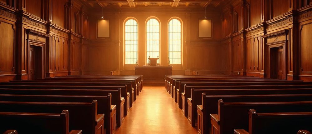 View from the back of an empty courtroom gallery: rows of dark wooden benches lead to the judge's raised bench beneath three tall arched windows glowing with warm golden light.