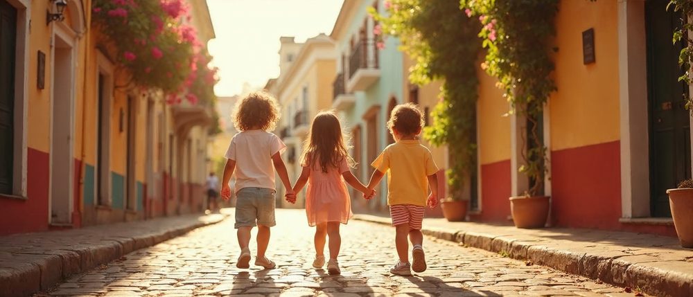 Three small children in bright clothes walk hand in hand away from the viewer along a sunny cobblestone street lined with pastel colonial buildings and flowering vines.