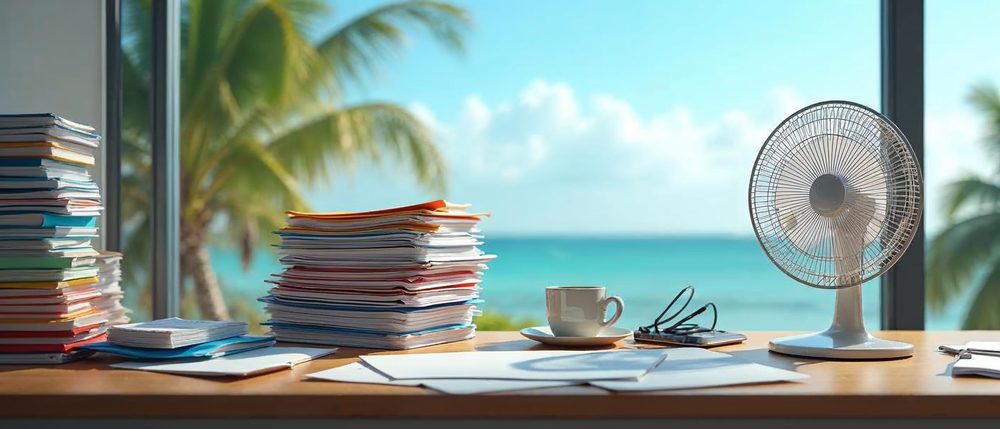 A cluttered office desk with leaning stacks of papers and colorful folders, a small electric fan and a coffee cup, beside a window showing palm trees and the turquoise sea.