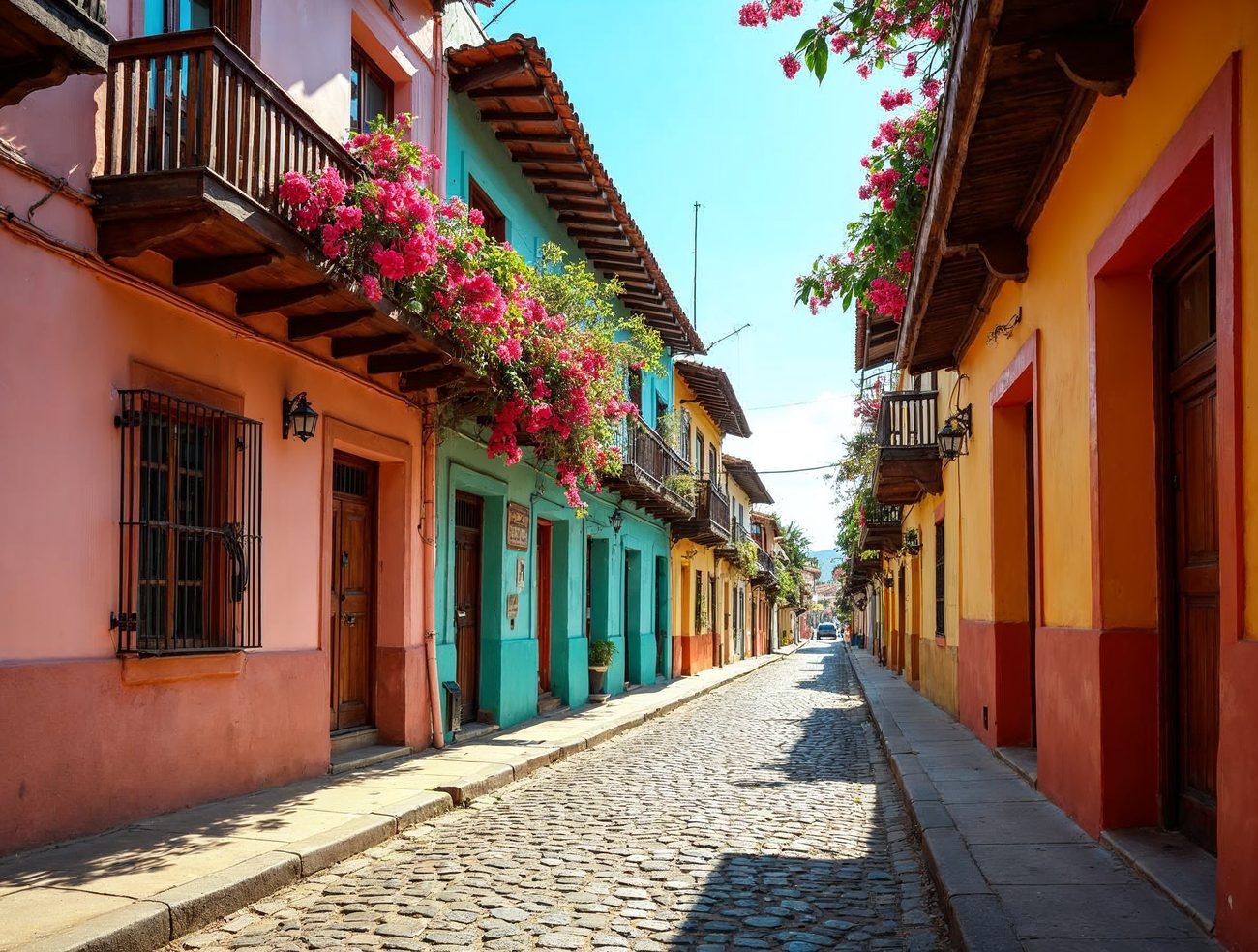 A sunlit cobblestone street in colonial Santo Domingo lined with pink, turquoise and orange pastel houses, wooden balconies and pink bougainvillea flowers hanging from the roofs.