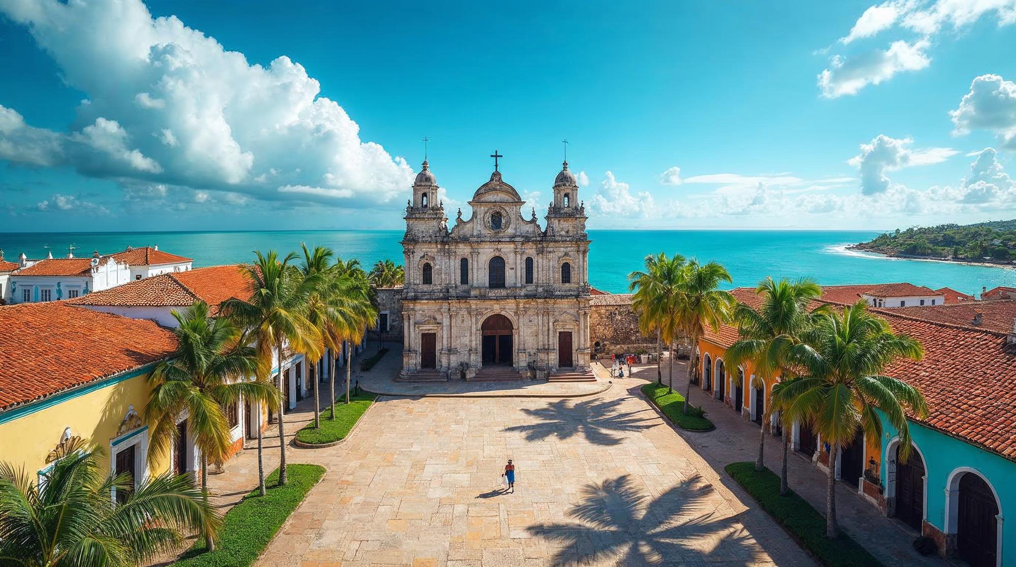 A historic stone cathedral facade stands on a sunlit plaza in colonial Santo Domingo, surrounded by tall palm trees, pastel red-roofed buildings and the turquoise Caribbean Sea beyond.