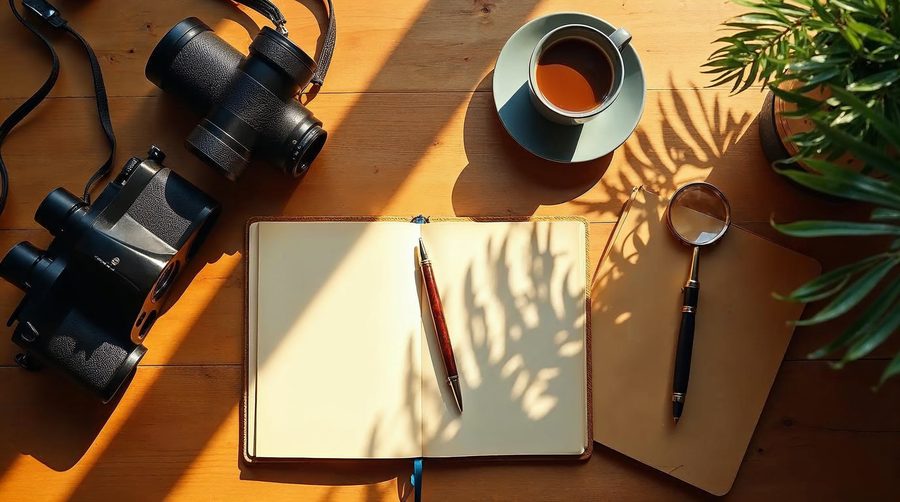 An overhead view of a warm wooden detective desk with binoculars, a camera, an open notebook with a pen, a magnifying glass and a cup of coffee in palm-leaf shadows.
