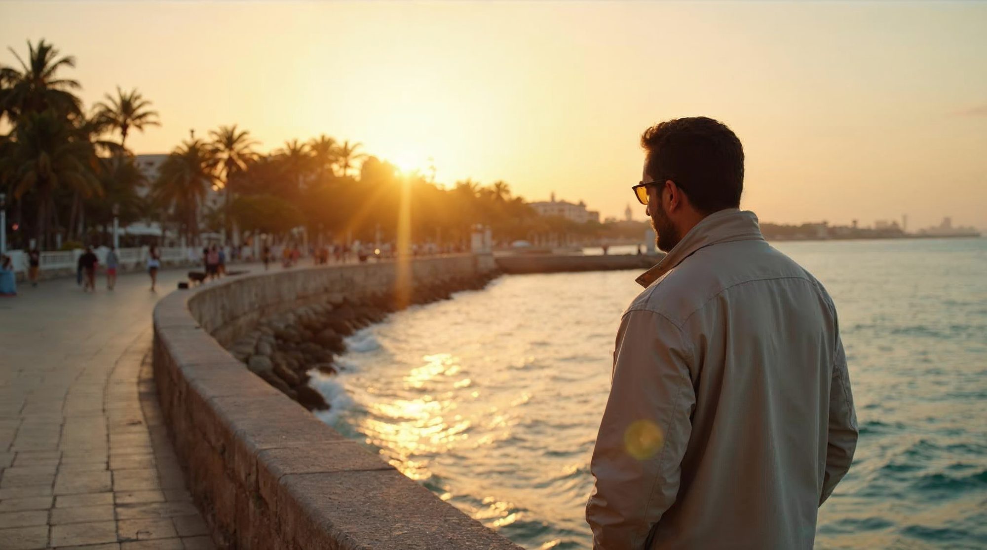 An investigator in a light jacket stands at the stone sea wall of the Malecon promenade in Santo Domingo at golden hour, looking over the Caribbean Sea toward palm trees.