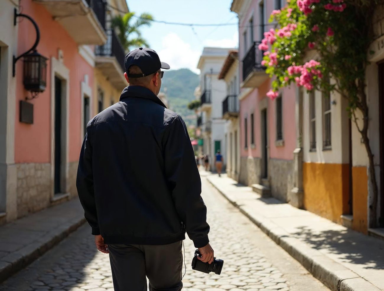 A private investigator in a dark jacket and cap walks away along a cobblestone colonial street in Santo Domingo, holding a camera, with pastel buildings and pink flowering vines around.