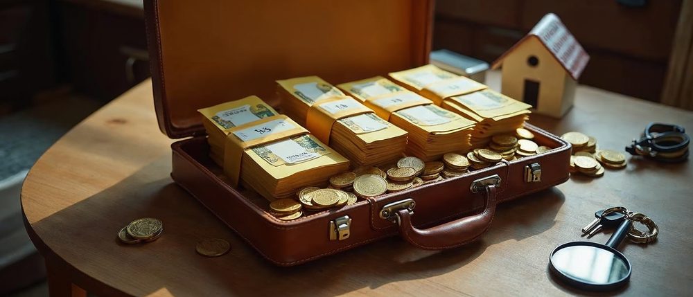 A brown leather briefcase half open on a wooden table, filled with banded stacks of cash and gold coins, with a small model house, keys and a magnifying glass beside it.