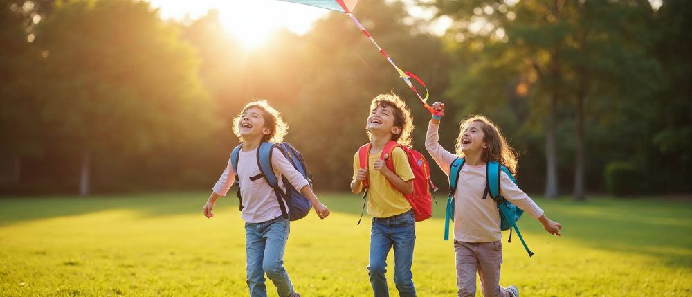 Three happy children with colorful backpacks laugh and run across a sunny green park lawn while flying a kite, in warm golden light with soft trees behind them.