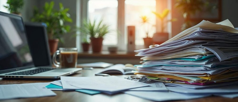 A messy sunlit office desk covered with scattered papers, colorful folders and a tall leaning stack of files, with a coffee mug and an open laptop beside a bright window.