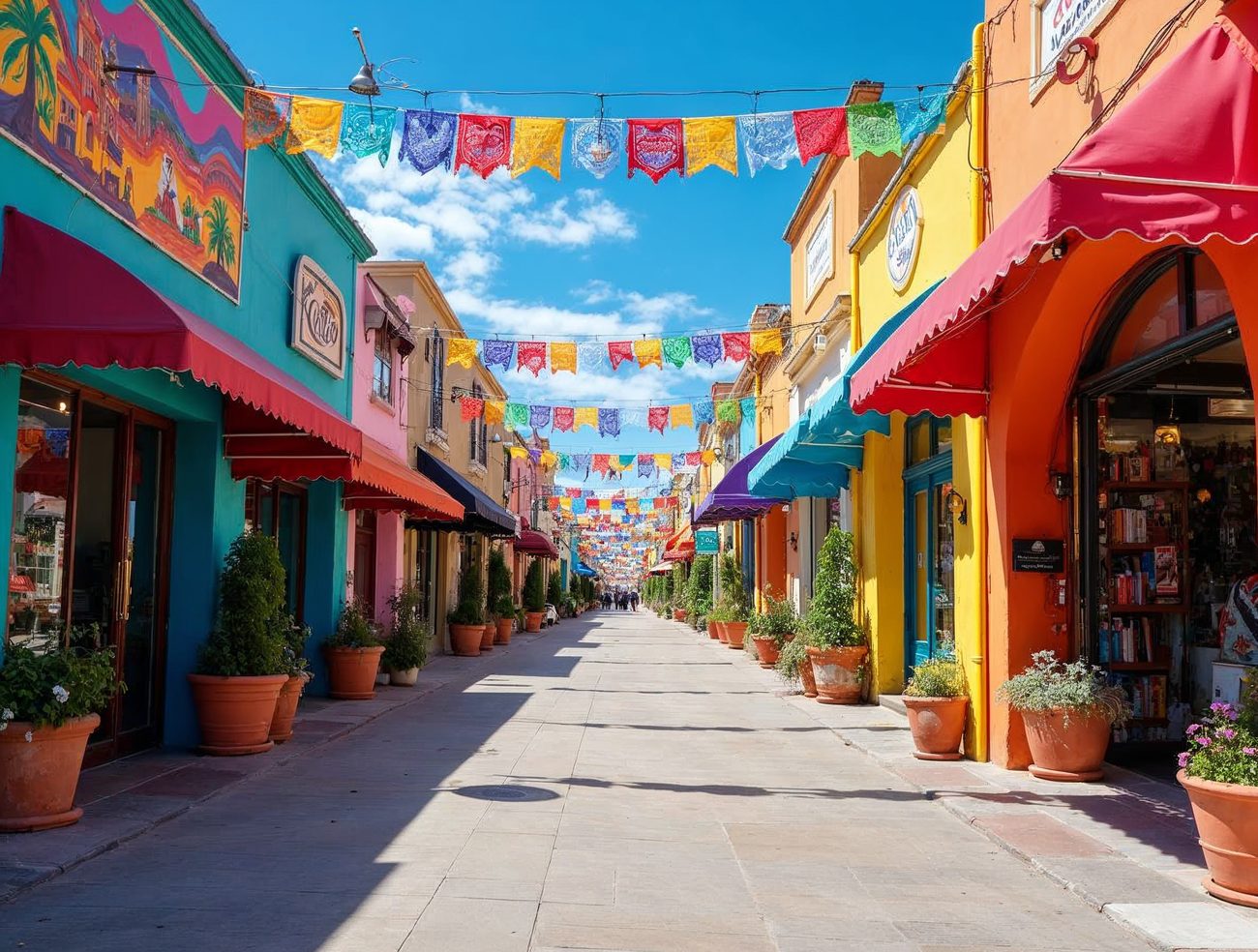 A sunny pedestrian street in a colorful Mexican shopping district, with painted teal, yellow and orange storefronts, red awnings, a wall mural, potted plants and rows of papel picado banners under blue sky.