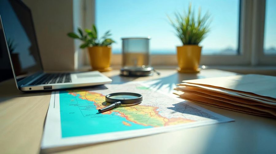 A sunny investigator's desk with a colorful unlabeled map of a coastal region, a magnifying glass, an open laptop, stacked case folders and potted plants in front of a bright window.