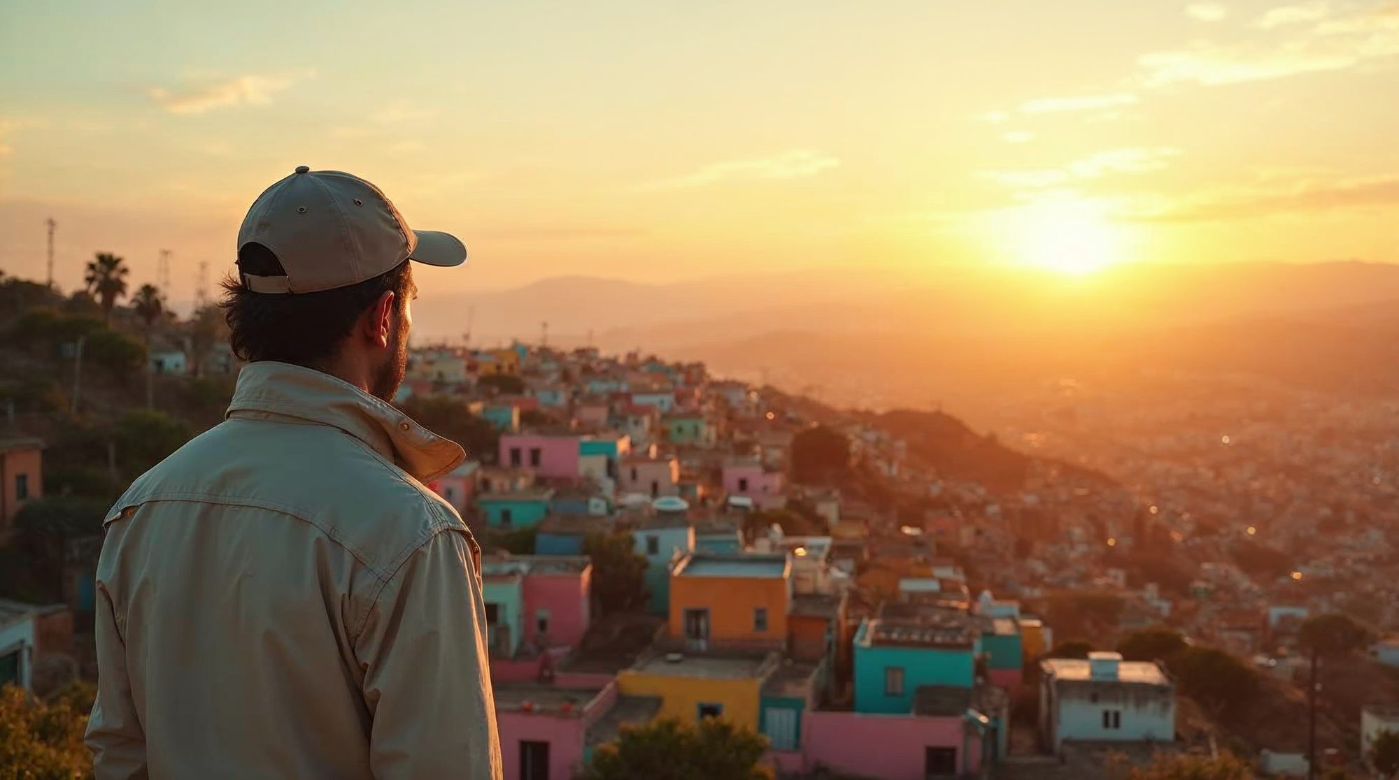 An investigator in a light jacket and cap, seen from behind, stands on a hillside lookout at golden hour, looking over colorful pink, yellow and turquoise houses.