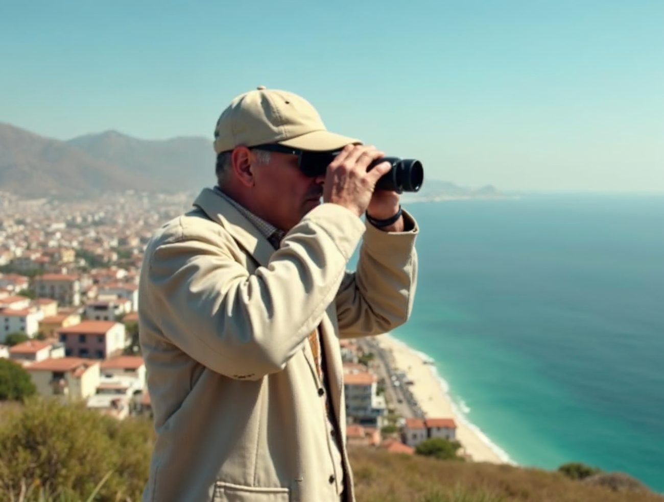 A private investigator in a beige jacket and cap, wearing sunglasses, holds binoculars on a hilltop above a coastal city of red-roofed houses, with a turquoise sea and beach behind.