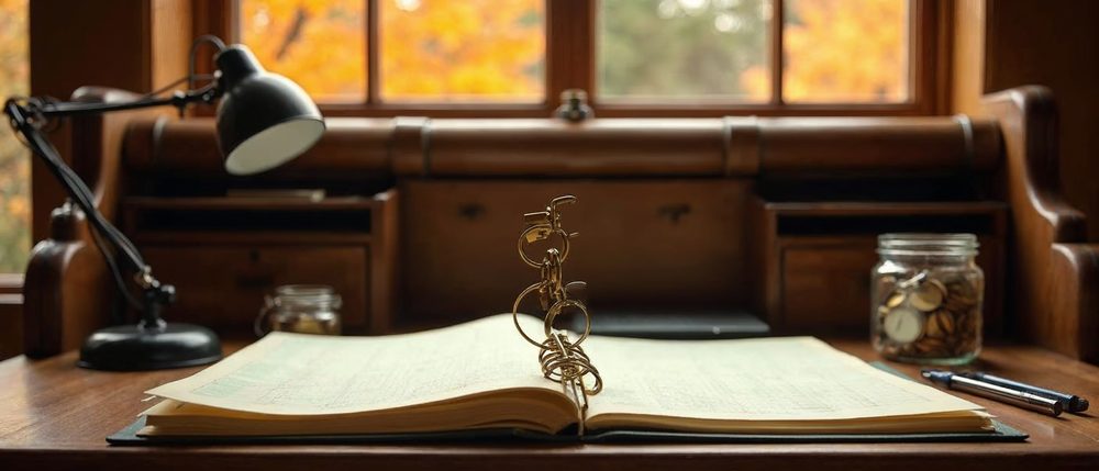 Antique rolltop desk with an open accounting binder of blank gridded pages, a ring of brass keys, a jar of coins and a black desk lamp in warm autumn window light.