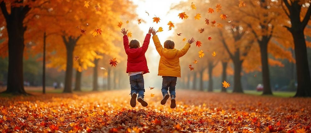 Seen from behind, two children in red and yellow coats leap with raised arms into a pile of fallen leaves in a city park under golden maple trees.