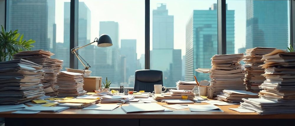 A very messy office desk covered in crooked stacks of papers, folders and sticky notes, with a desk lamp and a tall window showing glass office towers.