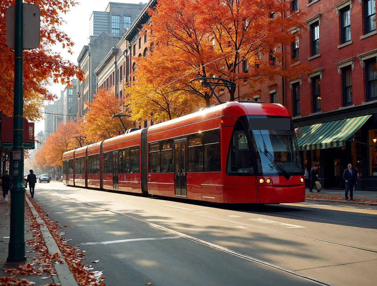 A red streetcar crosses a Toronto street lined with red brick buildings and maple trees in red, orange and yellow autumn colours, with fallen leaves on the road.