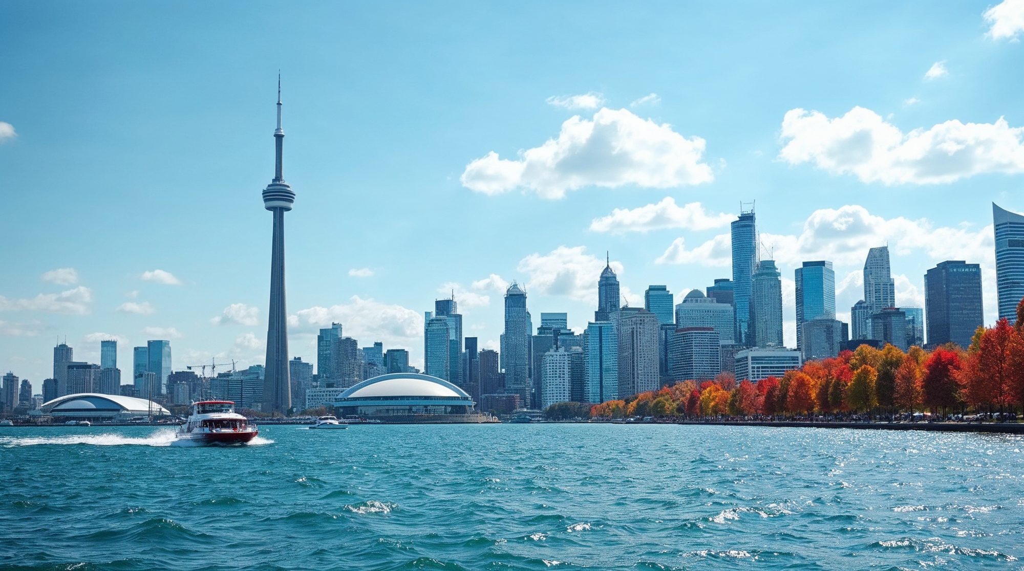 The Toronto skyline from the harbour in bright daylight, with the tall observation tower, glass office towers, a motorboat on blue water and red and orange autumn trees.