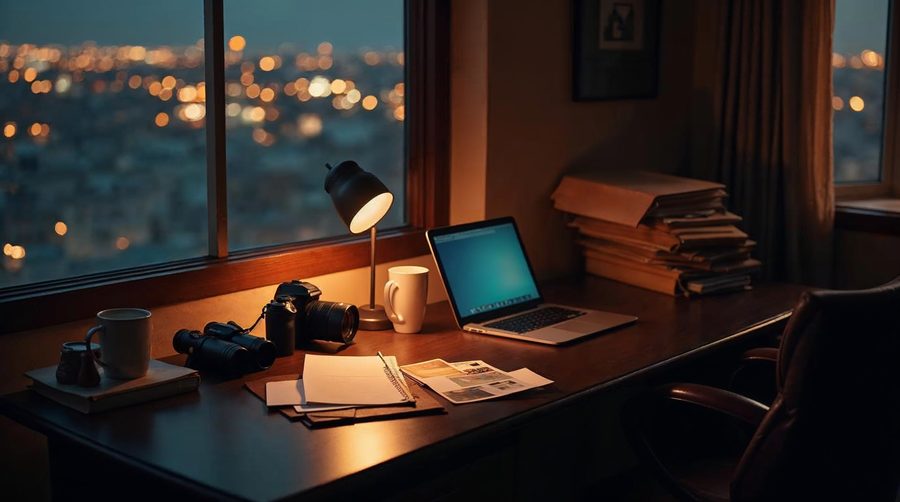 A private investigator's wooden desk in warm lamplight, with a laptop, binoculars, a camera, case folders and photographs, beside a window overlooking glowing city lights at dusk.