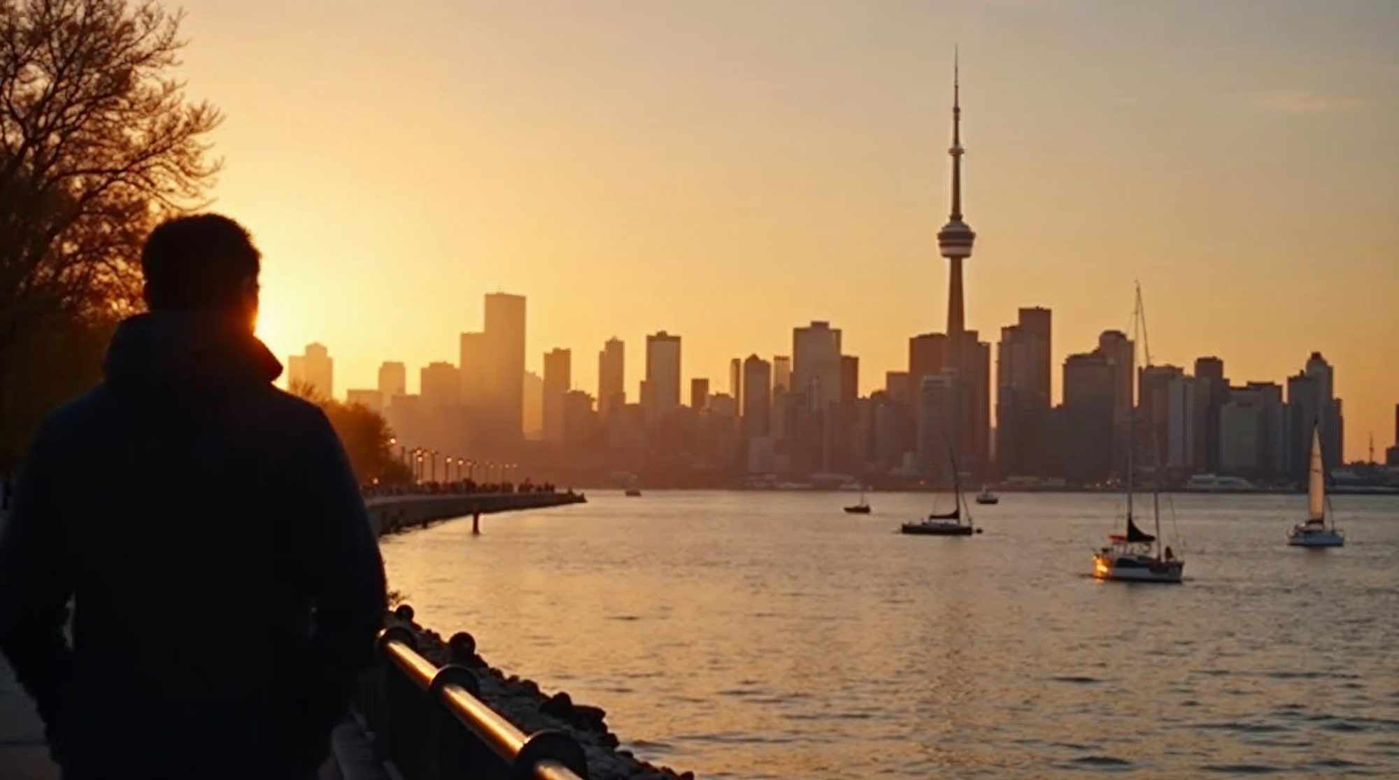 An investigator in a dark jacket, seen from behind, stands on the Toronto lakeshore promenade at golden hour, looking across the harbour at the skyline and tall tower.