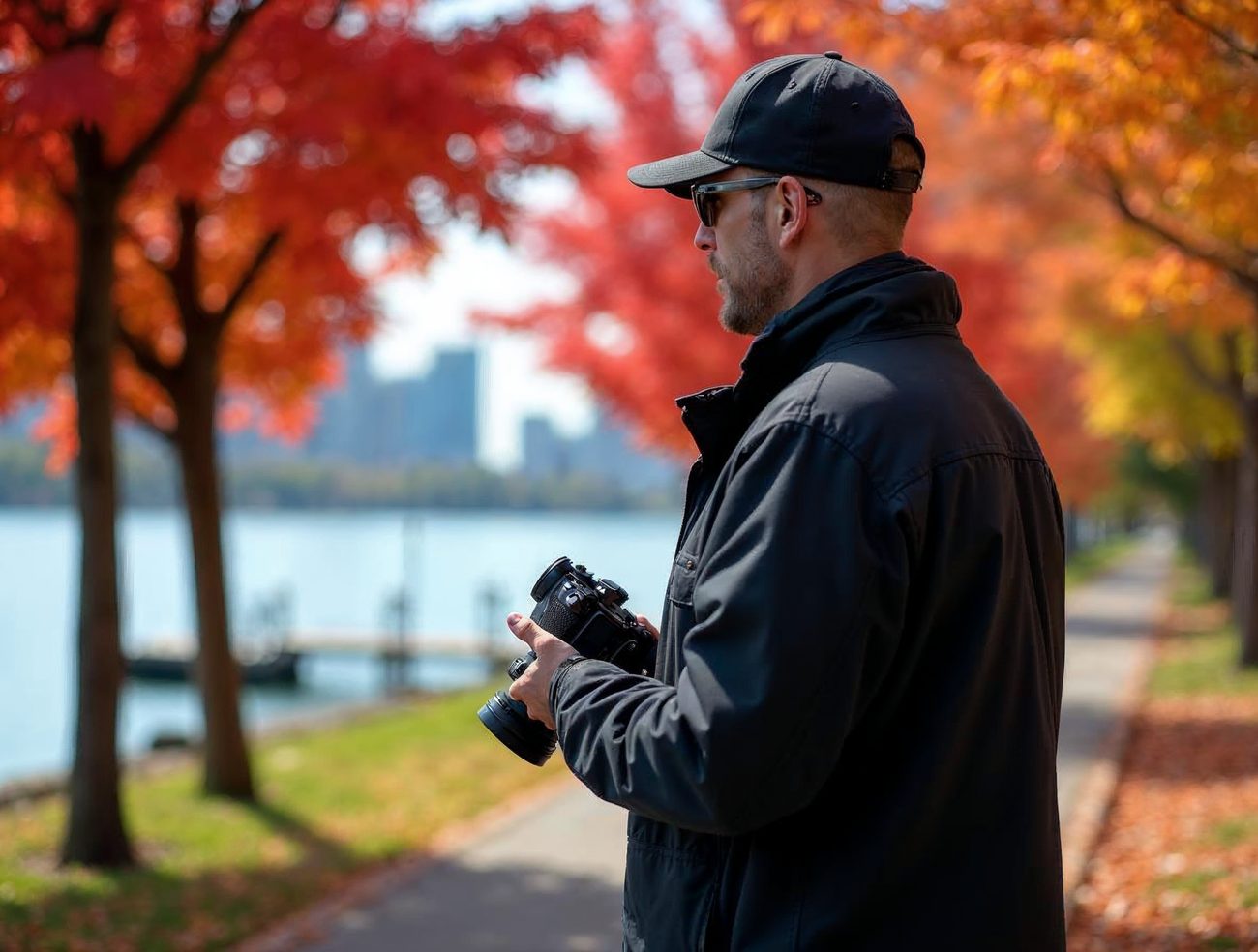 A private investigator in a dark cap and jacket, seen from the side, holds a camera on a lakeside path under red and orange maple trees.