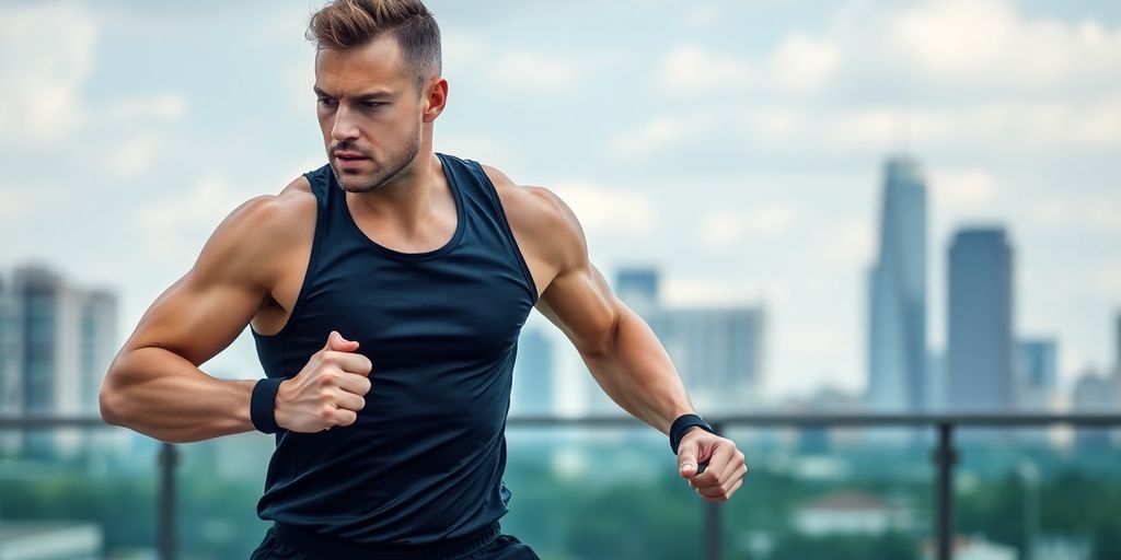 Fit investigator exercising outdoors with city in background.