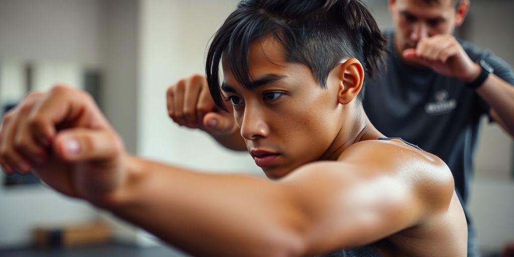 Person practicing self-defense techniques in a gym.